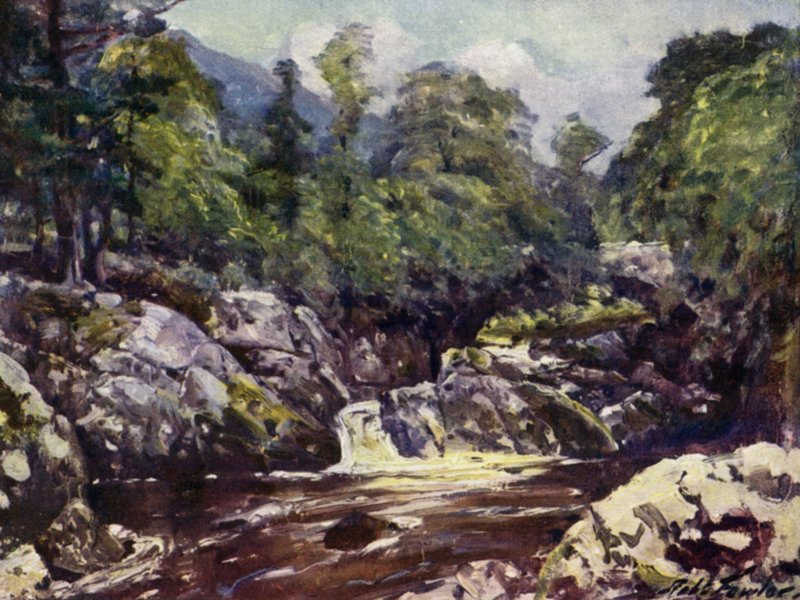 I Lledr-dalen (farve litho) af Robert (after) Fowler