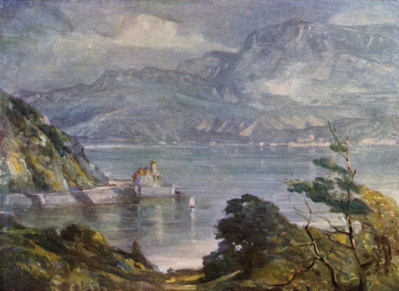 Misty Morning, nær Barmouth (farve litho) af Robert (after) Fowler