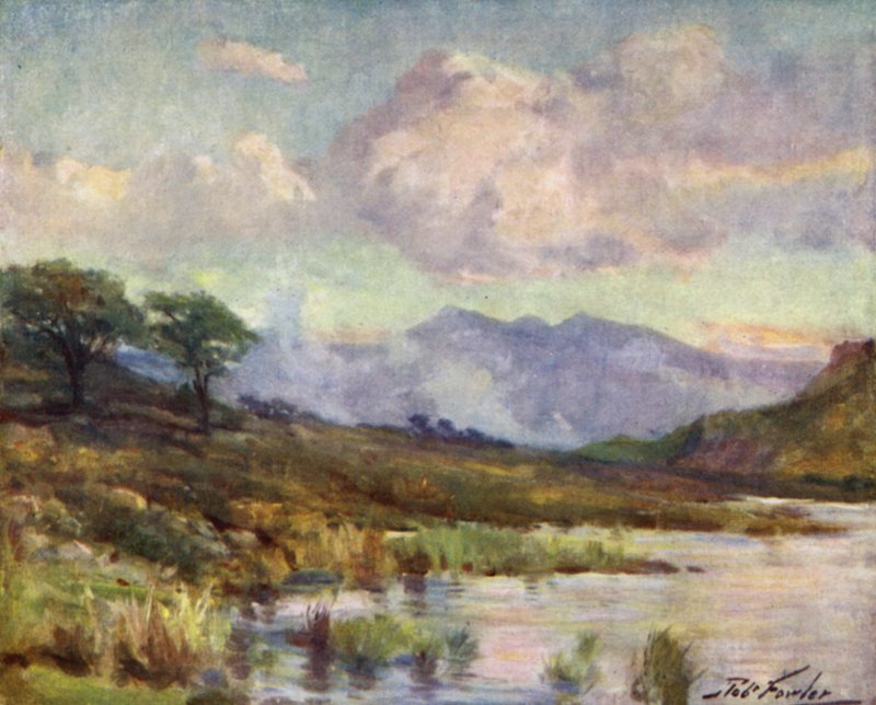 Snowdon fra Capel Curig Lake, sommeraften (farve litho) af Robert (after) Fowler