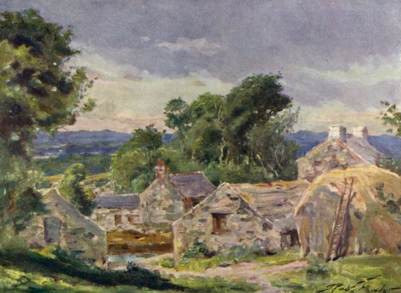 Welsh Farm, nær Llanberis (farve litho) af Robert (after) Fowler