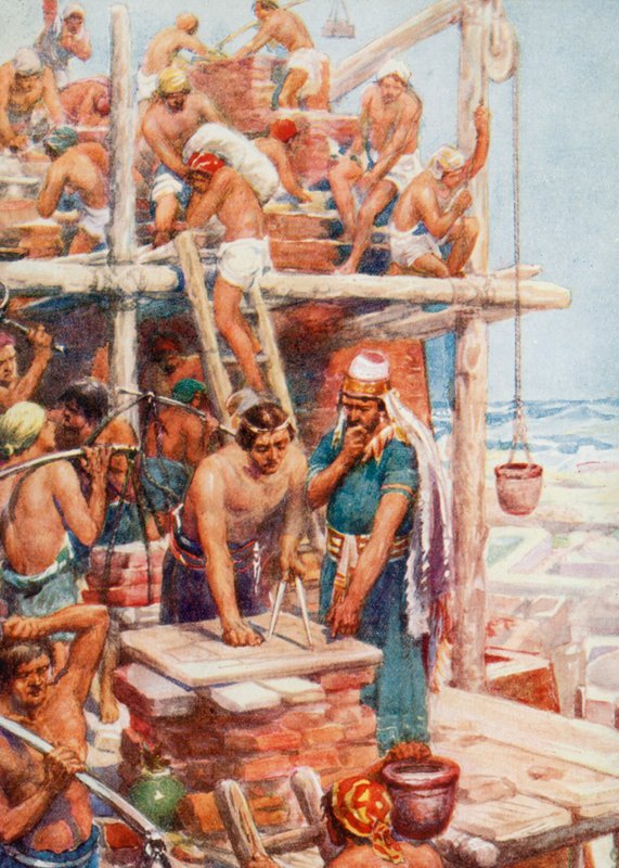 Bygning af Babels tårn (farve litho) af Robert Ambrose (after) Dudley
