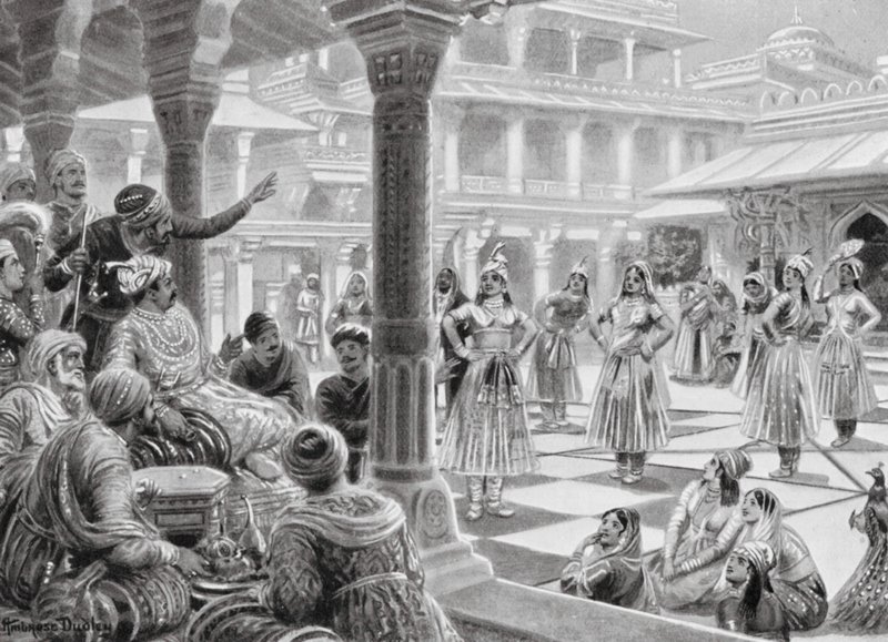 Akbar spiller dam med levende brikker i Fatehpur Sikri af Robert Ambrose Dudley