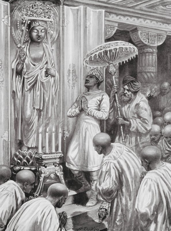 Kanishka indvier Mahayana (nordlig) buddhisme, 100 e.Kr. (litografi) af Robert Ambrose Dudley