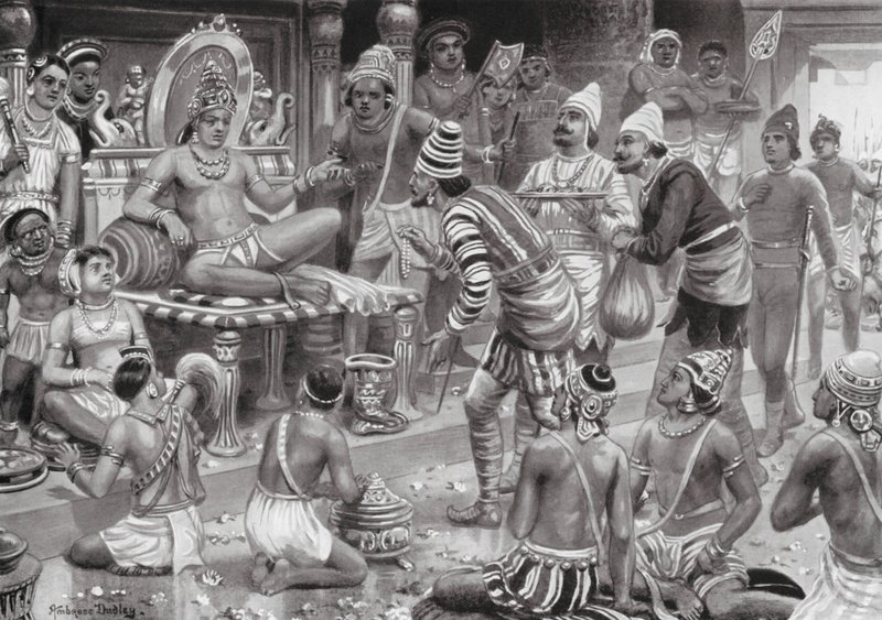 Pulikesin II, Chalukhya, modtager udsendinge fra Persien (litografi) af Robert Ambrose Dudley