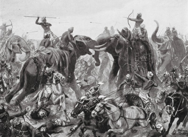 Pulikesin II Chalukhyas nederlag til Mahamalla Pallava ved Badami, AD 642 (litografi) af Robert Ambrose Dudley