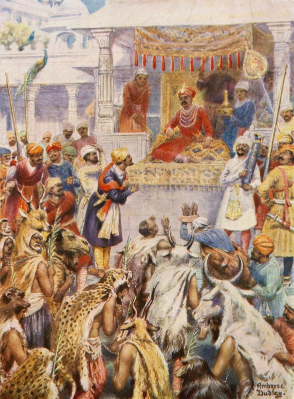 Khanen Jahan viser Akbar sine fyrstelige fanger (farvelitografi) af Robert Ambrose Dudley