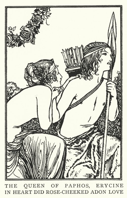 Dronningen af Paphos, Erycine, i hjertet elskede rosekindet Adon (litho) af Robert Anning Bell