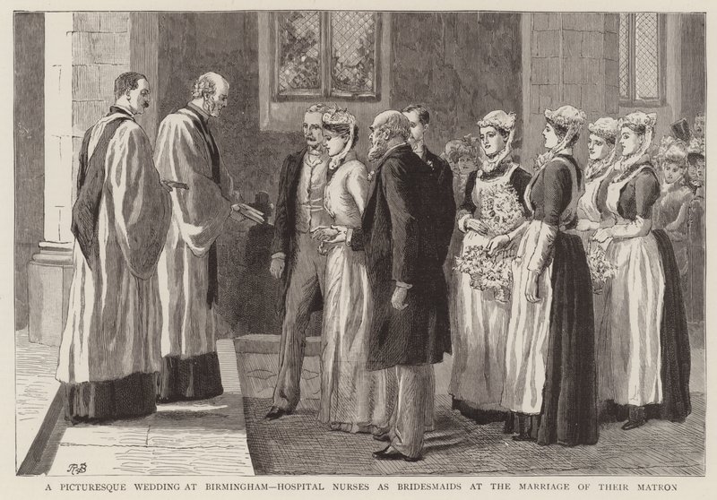 Et malerisk bryllup i Birmingham, hospitalssygeplejersker som brudepiger ved brylluppet af deres matrone af Robert Barnes