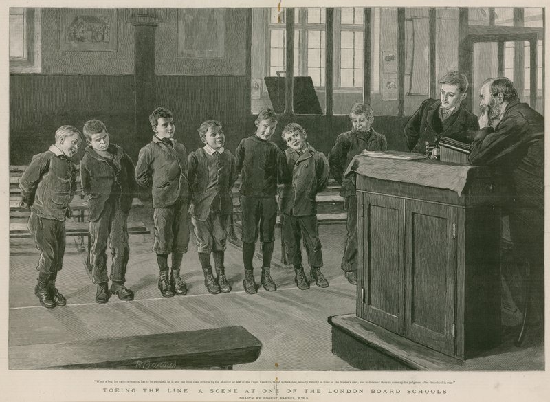 Toeing the line: En scene fra en af London Board Schools (gravering) af Robert Barnes