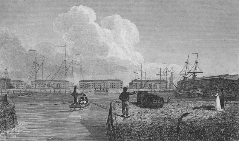 London Docks, Wapping (gravering) af Robert Blemell (after) Schnebbelie