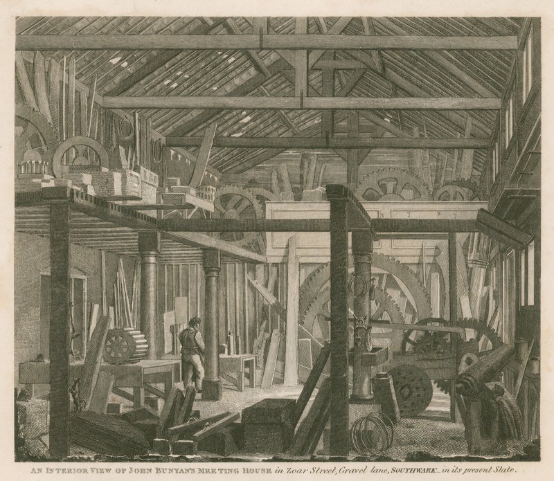 Et indvendigt billede af John Bunyans forsamlingshus i Zoar Street, Gravel Lane, Southwark, i sin nuværende tilstand af Robert Blemell Schnebbelie