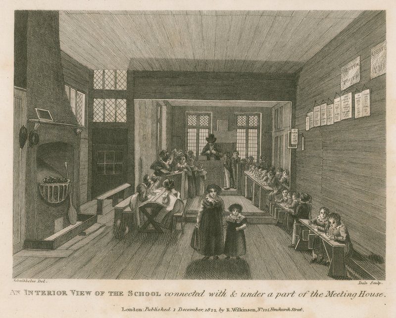 Et indvendigt billede af skolen forbundet med og under en del af det, der tidligere var John Bunyans forsamlingshus af Robert Blemell Schnebbelie