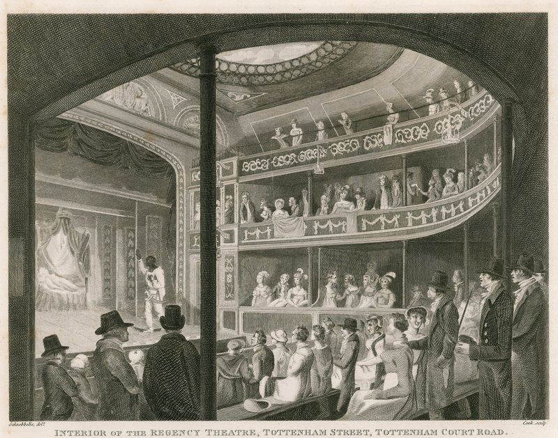 Interiør af Regency Theatre, Tottenham Street, Tottenham Court Road, London af Robert Blemell Schnebbelie