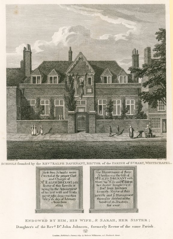 Skoler grundlagt af pastor Ralph Davenant, rektor for Parish of St Mary, Whitechapel af Robert Blemell Schnebbelie