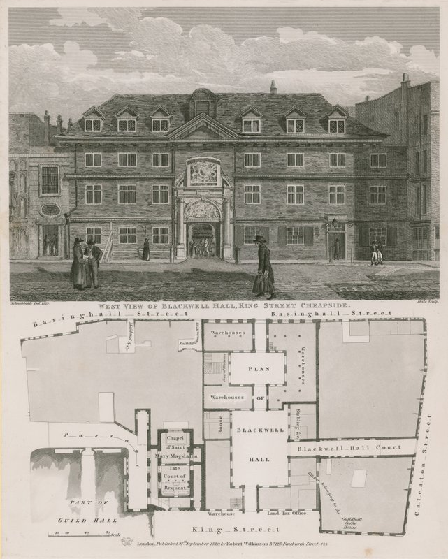 Vestudsigt over Blackwell Hall, King Street, Cheapside af Robert Blemell Schnebbelie