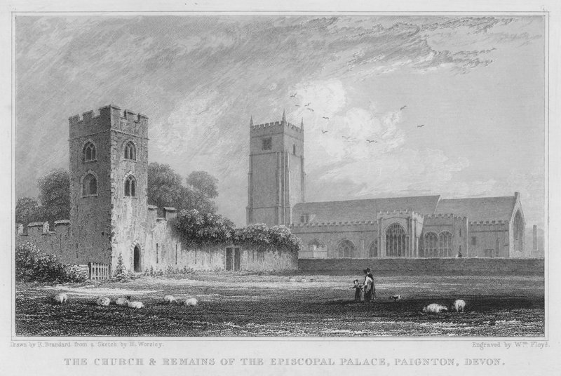 Kirken og resterne af det episkopale palads, Paignton, Devon (gravering) af Robert Brandard