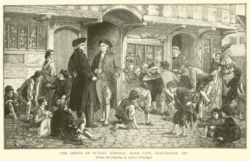 Oprindelsen af søndagsskoler, Hare Lane, Gloucester, 1780 af Robert Dowling