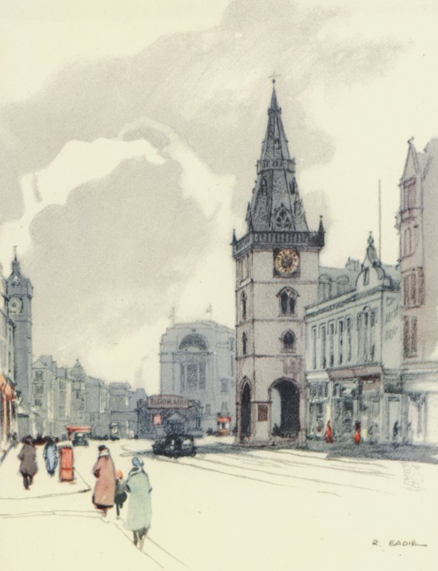 Glasgow: The Tolbooth and the Tron Steeple (farvelitografi) af Robert Eadie