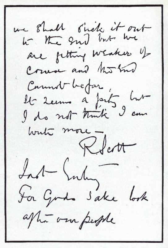Sidste side i dagbogen for polarforskeren Robert Falcon Scott, leder af den skæbnesvangre britiske ekspedition til Sydpolen, 29. marts 1912 (litho) af Robert Falcon Scott