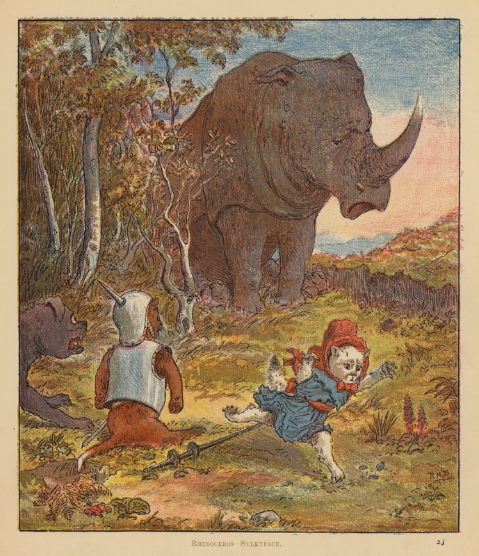 The Kitten Pilgrims: Rhinoceros Sulkyface (farve litho) af Robert Michael Ballantyne
