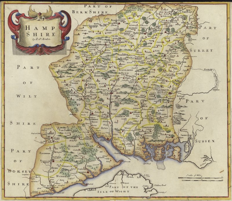 Kort over Hampshire (farvegravering) af Robert Morden
