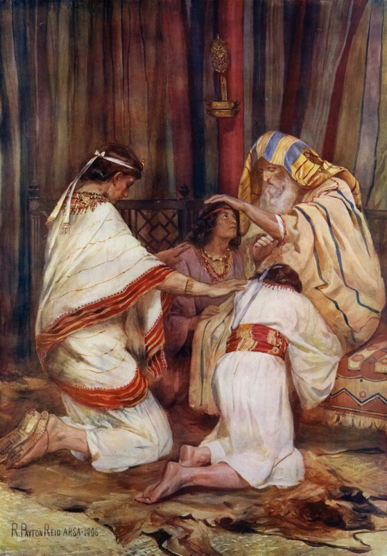 Jacob velsigner sine børnebørn (farve litho) af Robert Payton Reid