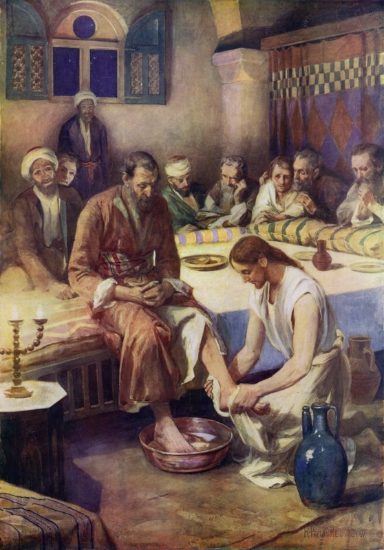 Jesus vasker disciplenes fødder (farve litho) af Robert Payton Reid