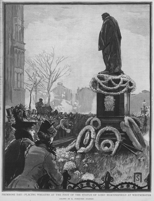 Nedlægning af kranse ved foden af statuen af den engelske statsmand Benjamin Disraeli på Primrose Day, årsdagen for hans død, Westminster, London af Robert Ponsonby (after) Staples