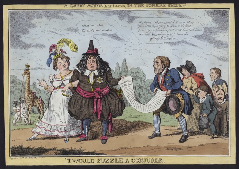 En stor skuespiller (ikke Liston) i den populære farce of Twould Puzzle a Conjurer (farveætsning) af Robert Seymour