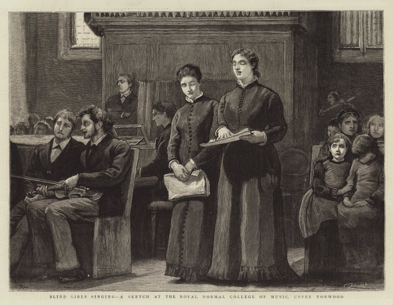 Blinde piger synger, en sketch på Royal Normal College of Music, Upper Norwood af Robert Walker Macbeth