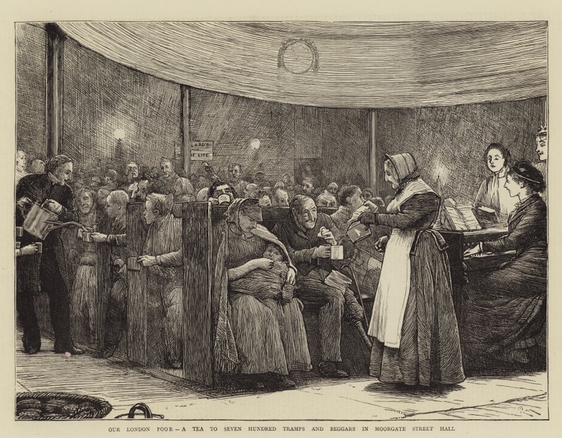 Our London Poor, en te til syv hundrede vagabonde og tiggere i Moorgate Street Hall af Robert Walker Macbeth