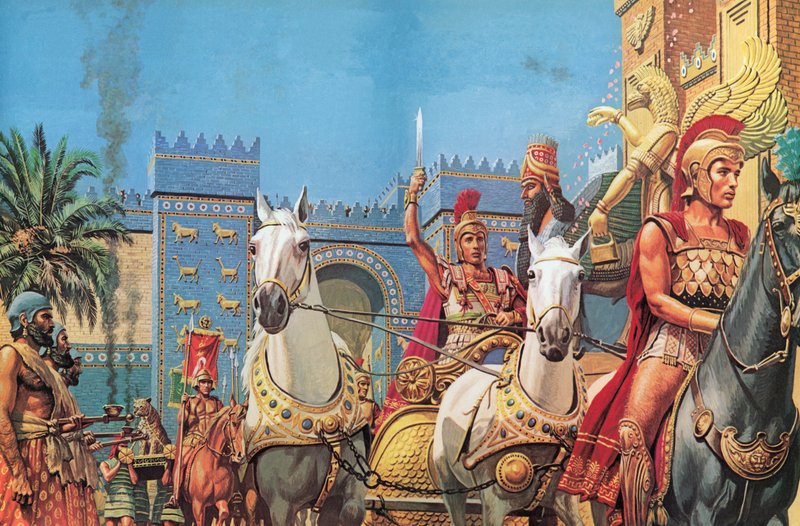 Alexander den Store, båret i sin vogn, rider i triumf ind i Babylon (farvelitografi) af Roger Payne