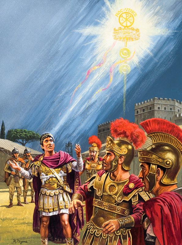 Konstantins vision af det kristne kors før slaget ved Den Milviske Bro (gouache på papir) af Roger Payne