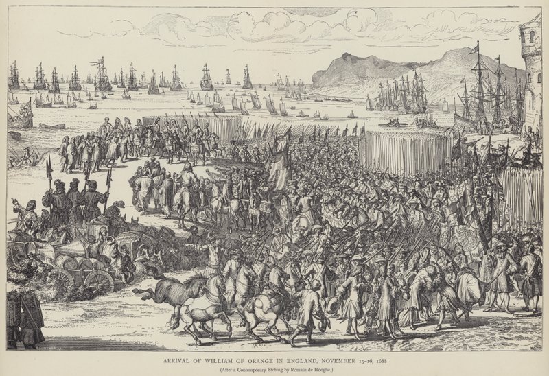 Vilhelm af Oranges ankomst til England, november 1688 (litho) af Romeyn de (after) Hooghe