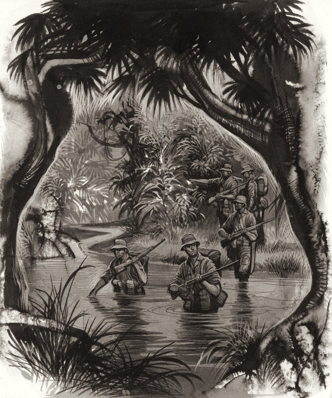 ANZAC-tropper krydser en jungleflod under en patrulje i Anden Verdenskrig (gouache på papir) af Ron Embleton