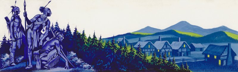 Amerikanske indianere observerer nogle nybyggere (gouache på papir) af Ron Embleton