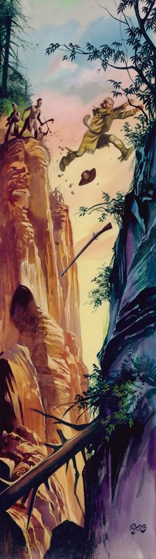 Amerikansk grænsesoldat bliver jagtet af indfødte amerikanske indianere (gouache på papir) af Ron Embleton