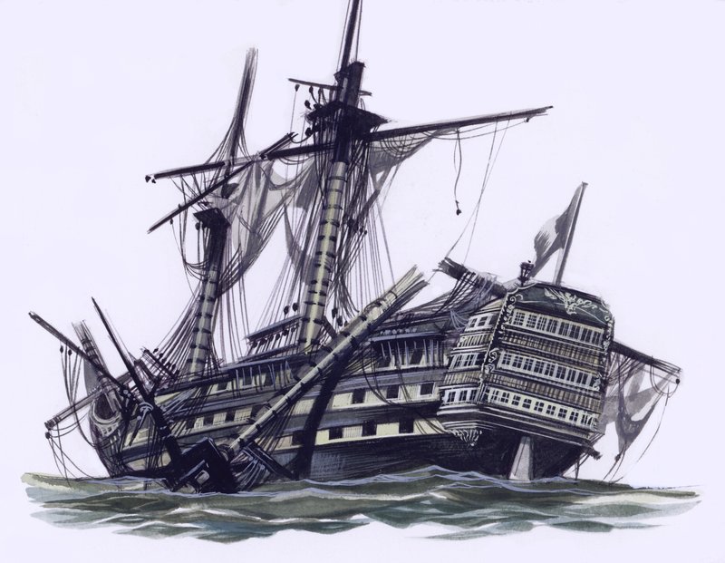 HMS Victory efter slaget ved Trafalgar, hvor topmasten på mesan er skudt væk (gouache på papir) af Ron Embleton