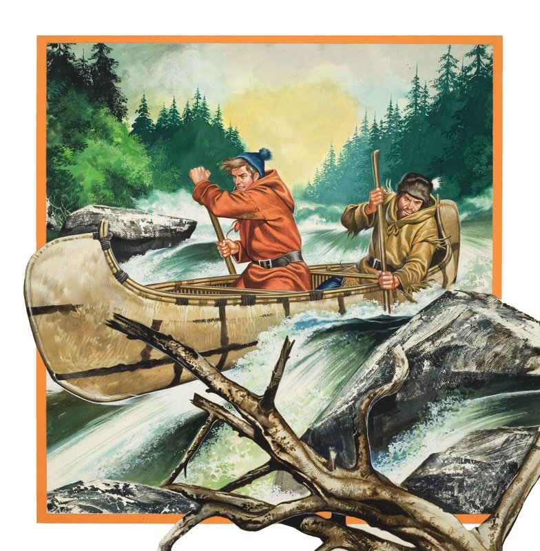 Jack London (1876-1917) på rejse i en kano (gouache på papir) af Ron Embleton