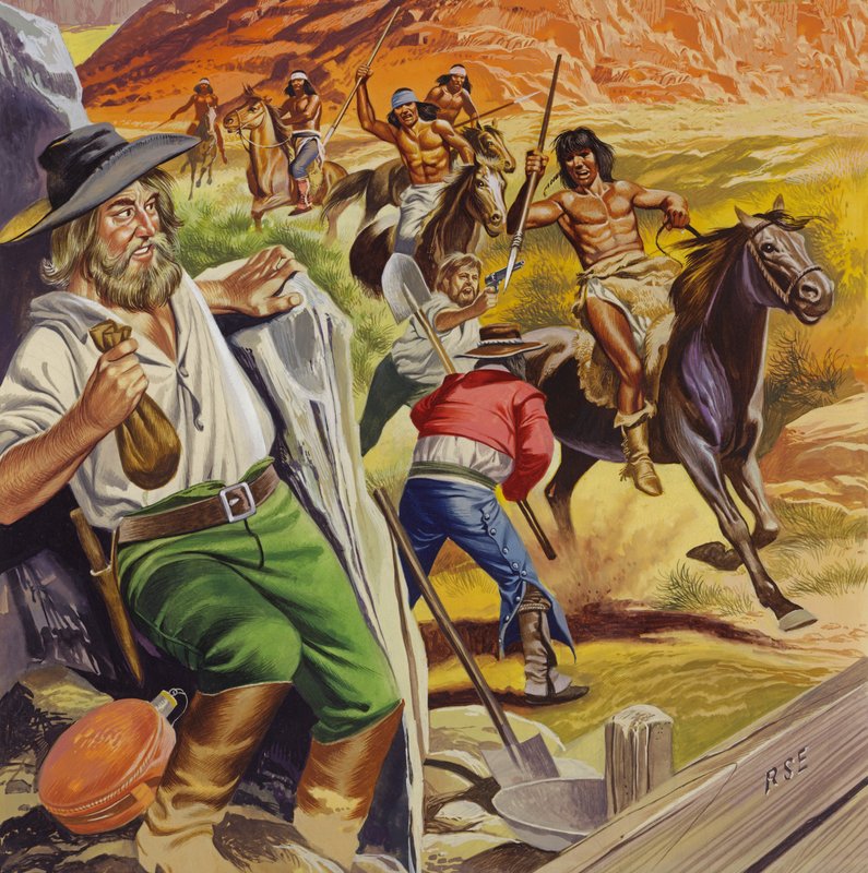 Jacob Waltz og hans ven bliver angrebet af Apache-indianere (gouache på papir) af Ron Embleton