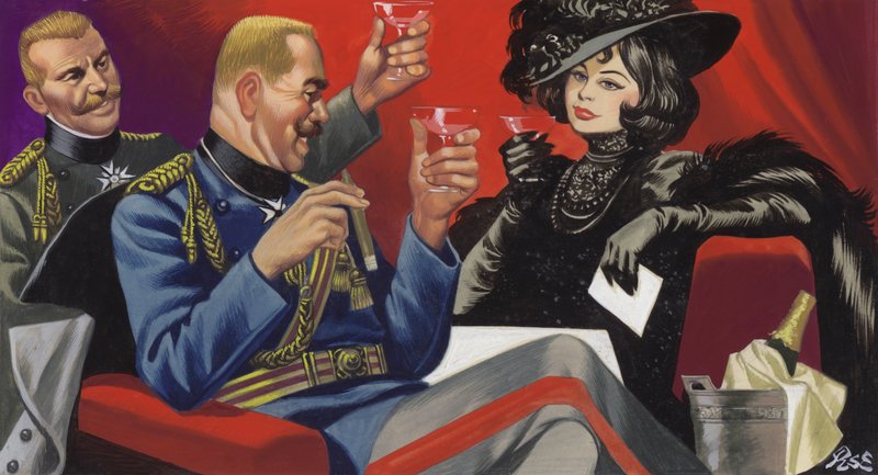 Mata Hari med en ven af den tyske overkommando (gouache på papir) af Ron Embleton