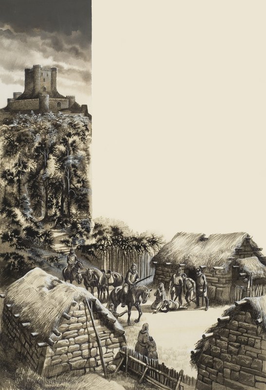 Middelalderlandsby (gouache på papir) af Ron Embleton