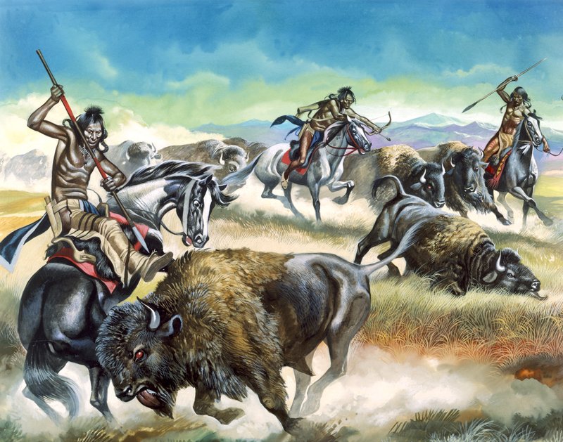 Indianere dræber amerikansk bison (gouache på papir) af Ron Embleton