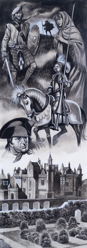 Skotsk slot og personligheder fra skotsk historie (gouache på papir) af Ron Embleton