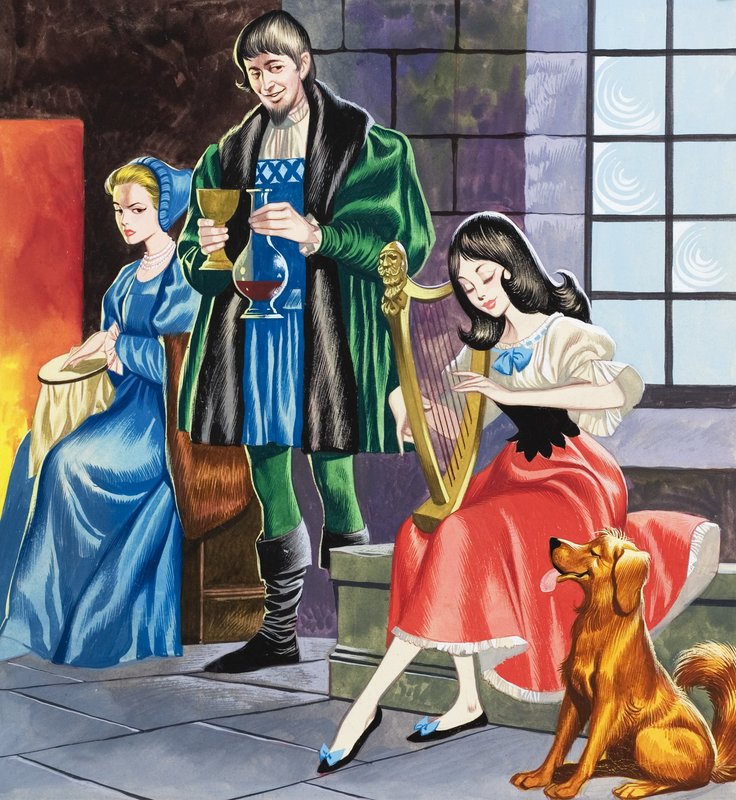 Snehvide spiller harpe for sin far (gouache på papir) af Ron Embleton