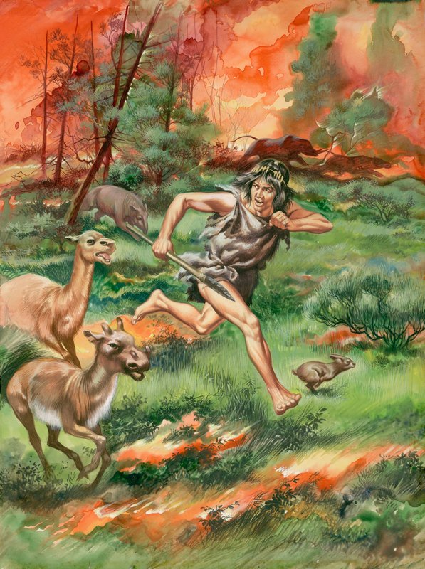 Stenaldermand på flugt fra ild sammen med dyr (gouache på papir) af Ron Embleton