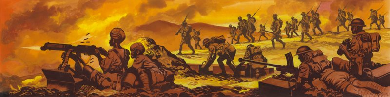 Slaget ved Keren, den britiske hærs indiske og sudanesiske tropper vandt (gouache på papir) af Ron Embleton
