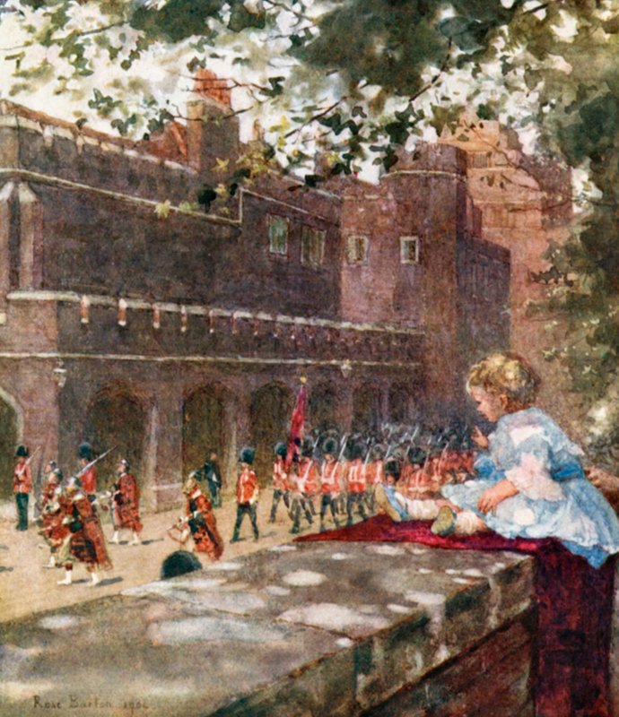 H.K.H. Prins George af Wales ser den skotske garde fra Marlborough House af Rose Maynard Barton