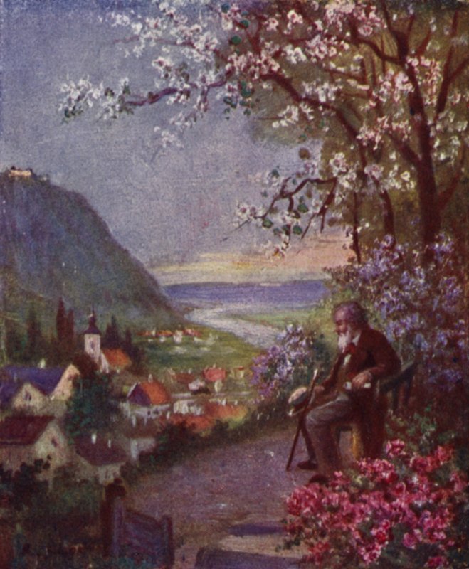 Leopoldsberg, I forgrunden Brahms, hvilende efter en lang gåtur (farve litho) af Rudolf Klingsbogl