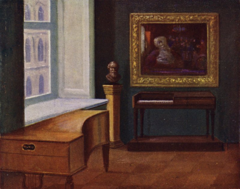 Mozarts spinet (til højre) og Hugo Wolfs klaver (til venstre) i Wiener Bymuseum (farve litho) af Rudolf Klingsbogl